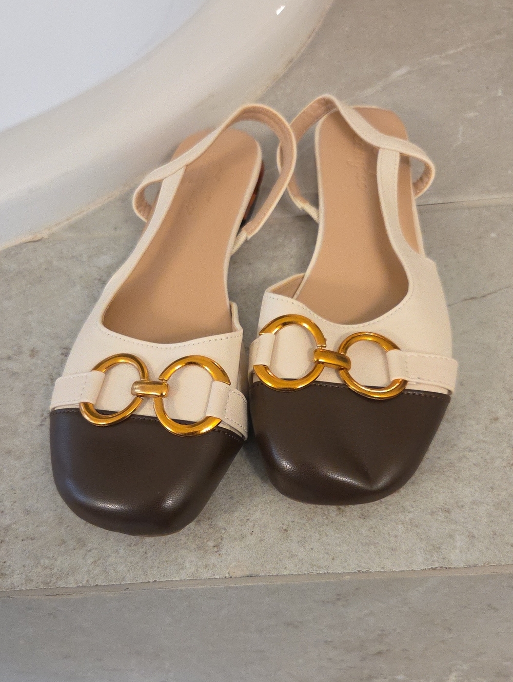 Cream and Brown Leather Slingback Flats with Gold Hardware